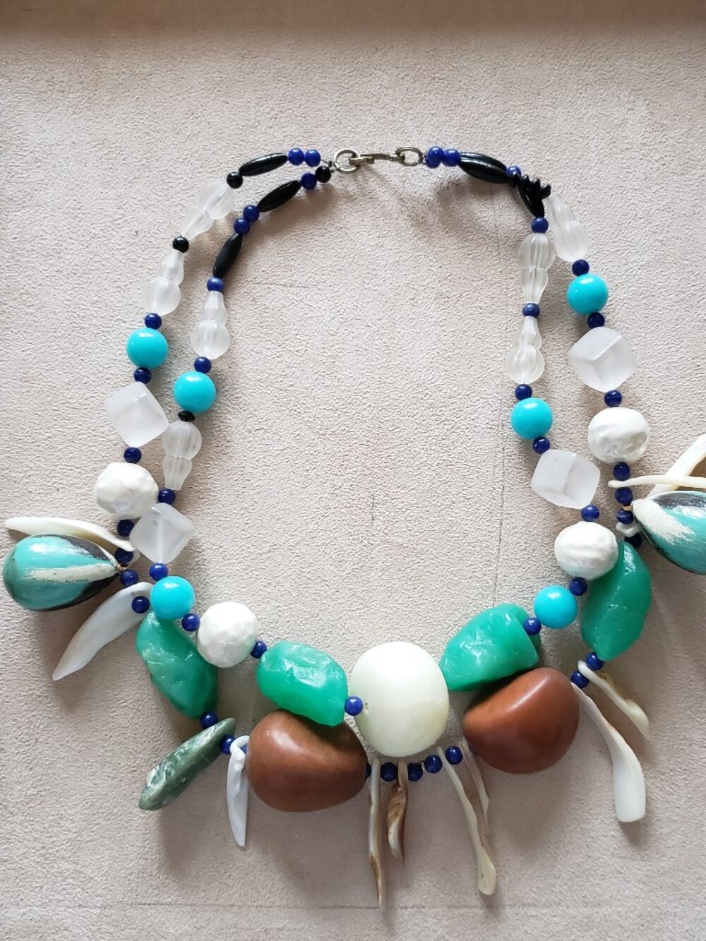 Warm weather Necklace.  Handcrafted. Multi-colors:  turquoise, white, navy